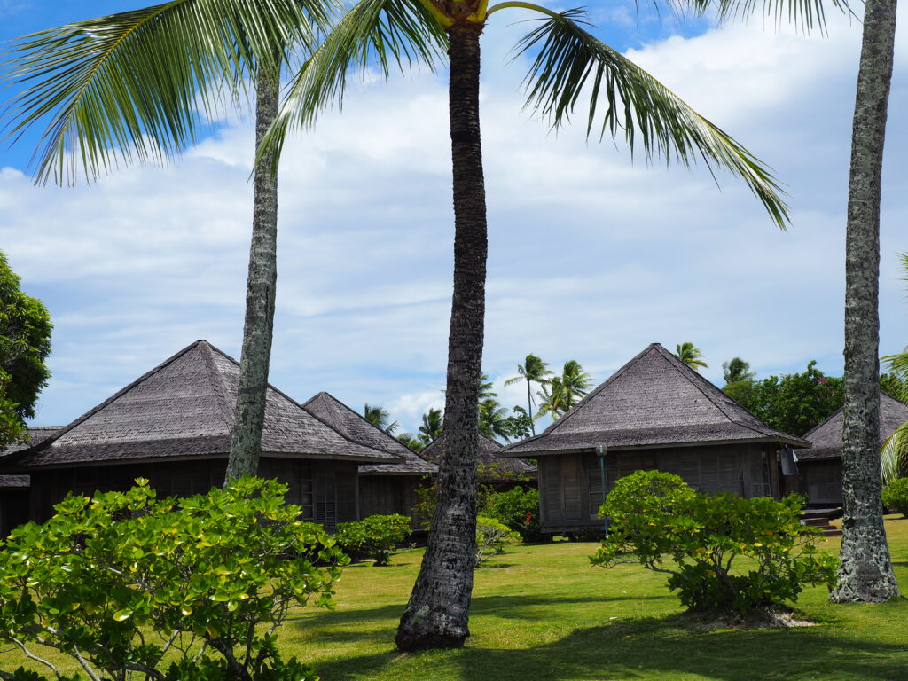 Ξύλινα παραδοσιακά σπίτια και φοινικόδεντρα στα νησιά Μπόρα Μπόρα